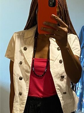 Roz & Ali White Short-Sleeve Double-Breasted Jean Jacket